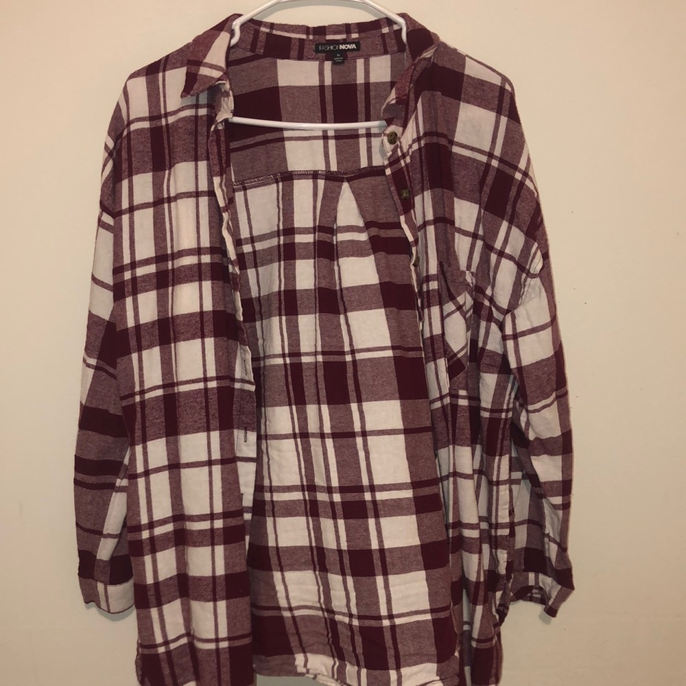 Oversized white and burgundy flannel